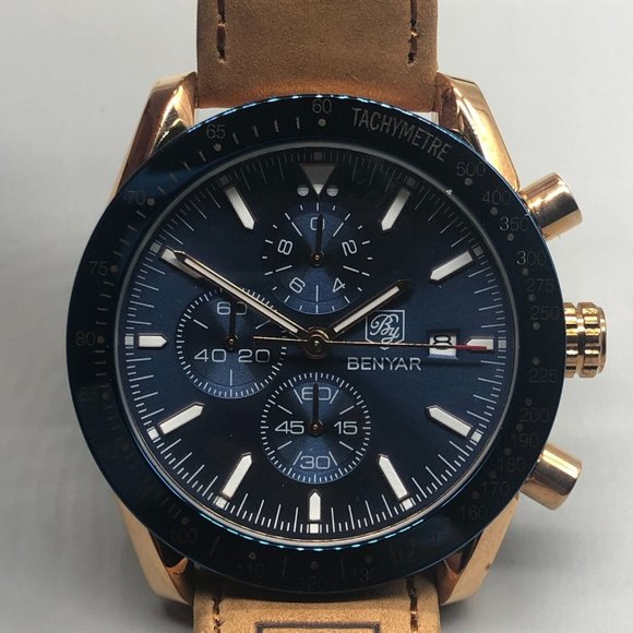 BENYAR Other - Benywar Chronograph Watch Men Rose Gold Tone Blue Dial Leather Band New Battery